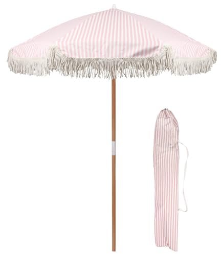 Harbour Housewares 1.4M Wooden Garden Parasol with Tassel Fringe - Pastel Pink Stripe - 1x UPF30+ Waterproof Portable Free-Standing Outdoor Patio Sun Umbrella Canopy Table Shade with Carry Bag