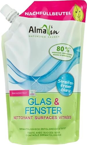 AlmaWin Öko Glas & Fenster Reiniger 6x500ml, Nachfüllbeutel, für eine streifenfreie Reinigung, vegan