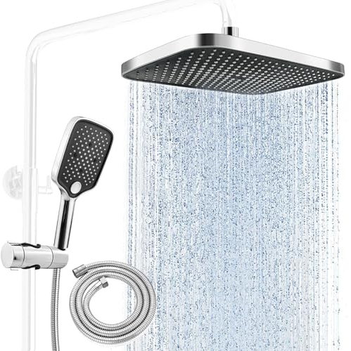 xianzhanEU Duschkopf Regendusche Set, Duschsystem ohne Armatur mit 360° Verstellbarer Regendusche Duschkopf（210mm x 300mm）und Handbrause, Duschkopf mit Schlauch