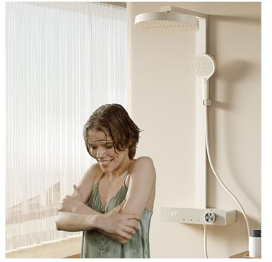 WYJRO Colonne De Douche avec Mitigeur Hauteur Réglable,Douche Set avec Mitigeur,Panneau De Douche avec Douchette Et Robinet pour Baignoire,Cream,Hot and Cold