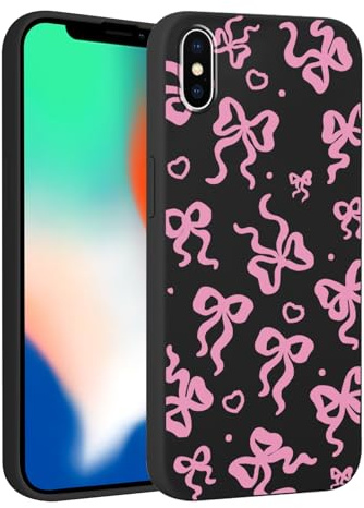 Phoona Pink Bow Heart Print Phone Case for iPhone X/XS 5.8, with Love Aesthetics Pattern Design Thin Soft TPU Silicone Cases, Shockproof Bumper Protector Camera Girls Women Cover, for iPhone X