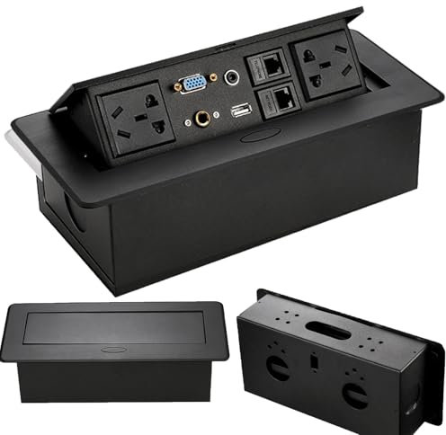 Prise De Bureau Escamotable, 2 Prises Ca + Audio 3,5 + 1 Port RéSeau + 1 Port Téléphonique + Vga/Hdmi/Microphone 6,35 + Usb, Prise D'Alimentation Cachée Pour Le Bureau à Domicile,Black2