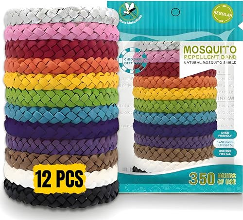 NESTIXY Mosquito Repellent Bracelet 12 Pcs, Adjustable Leather Band, Deet Free Travel Essentials, Insect Repellent Bracelet - 350 Hours Mosquito Repellent, Natural Anti-Mosquito Suitable for All Ages.