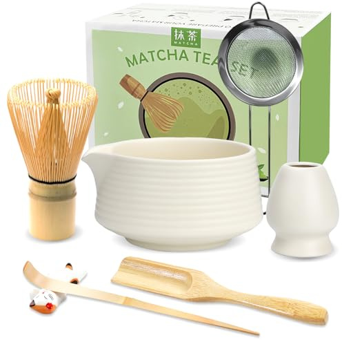 JBER Matcha Besen Set, Matcha Set 7 Teiliges Weiß für Matcha Liebhaber | Bambus Matcha Whisk, Schale mit Auslauf, Besen Halter, Sieb, Löffel und Halter, Japanisches Matcha Zubehör, Beige Weiß