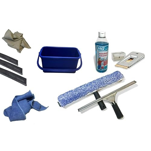 Bayersan Window Cleaning Starter Set (13 Items) – Complete Window Cleaner Kit with 15L Bucket, Squeegee, T-Bar, Microfibre Sleeves, Scrim, Cloths, Scraper, Blades & HG Window Cleaning Liquid