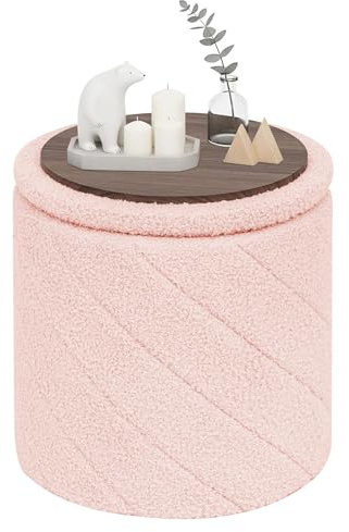 PINPLUS Round Ottoman Storage Box, Folding Stool, Pink, 33x33x35 cm | Compact Vanity Stool, Padded & Soft Boucle, Converts to Coffee Table/Footstool, for Living Room, Bedroom, Dressing Room