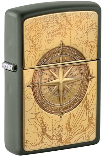 Zippo Windproof Lighter - Topographic Compass, Green Mat, Emblem - Refillable - Reusable - Windproof Design - Gift Box - Made in USA