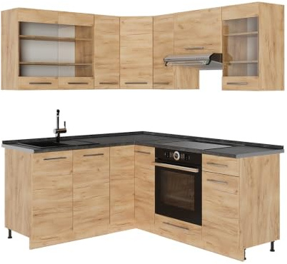 Vicco Eckküche Fame-Line, Goldkraft Eiche/Goldkraft Eiche, 190 x 160 cm | 10 Module · Höhenverstellbare Füße · Arbeitsplatte Anthrazit · Robuste Fronten · Softclose · Metallgriffe