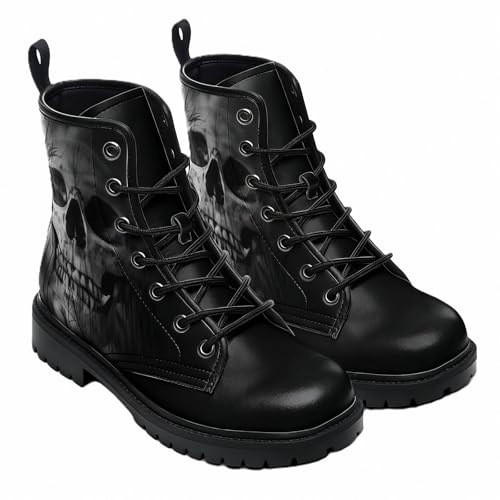 FQLGJMY Damen Ankle Boots Gothic-Stil Totenkopf Blumen Rosen Flammenmuster Schnürung Leichtes Leder Combat-Boots Runder Zehenpartie Plateau Passend zu Jeans Kleidern Freizeitmode Alltag Reisen Party