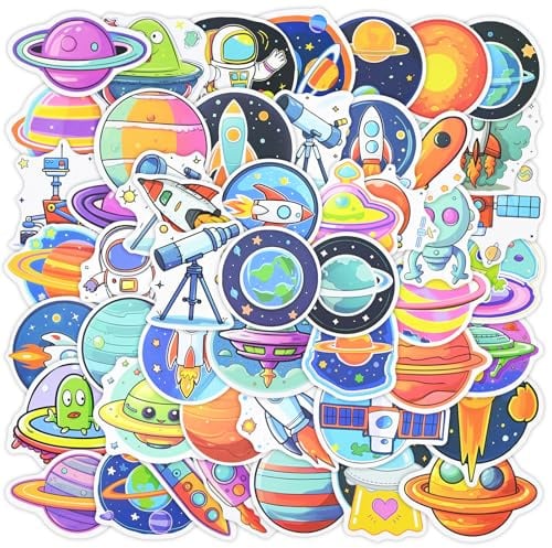 Alethron 100 Stück Weltraum Sticker, 50 Motiven Planeten Sticker Wasserfeste Vinyl Weltraum Aufkleber Astronauten Space Stickers Weltall Deko Aufkleber für Kinder Skateboard Laptop Deko