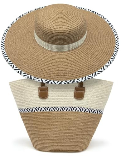 Pahajim Straw Bags and Hat Set for Women, Raffia Beach Bag with Zip Woven Tote Bag for Vocation Travel