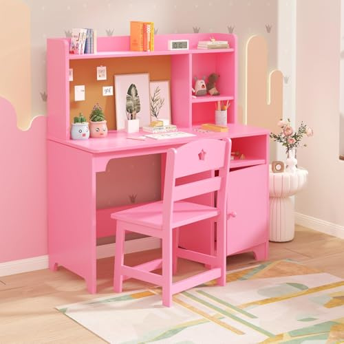 Niwugady Kinderschreibtisch aus Holz, Kinder Schreibtisch mit Stuhl, Multifunktionaler Kinderlerntisch mit 4 offenen Regale & Stauraum, Kinderschreibtisch für Jungen und Mädchen ab 3 Jahren, Rosa