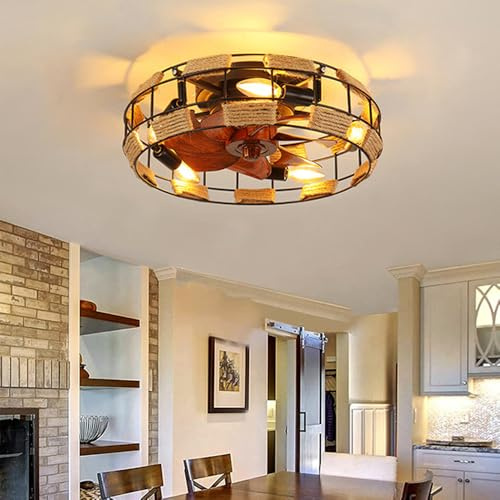 Ventilateur de plafond avec éclairage Plafonnier rétro en rotin avec ventilateur E27 * 4 lustres silencieux ventilateur 6 vitesses réglage réversible minuterie chambre salon salle à manger lampe