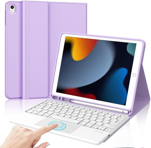 Funda Teclado para iPad 9/8/7 Generacion 10.2/Air 3/iPad Pro 10.5 10.5 | Capa Keyboard Touchpad Bluetooth Magnético, Trackpad QWERTY Español Ñ, Case Desmontable con portalápices, Violeta claro