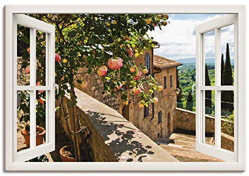 ARTLAND Wanddeko Leinwand Bilder Wandbild Fensterblick Fenster Toskana Landschaft Garten Rosen Balkon Natur T5QC