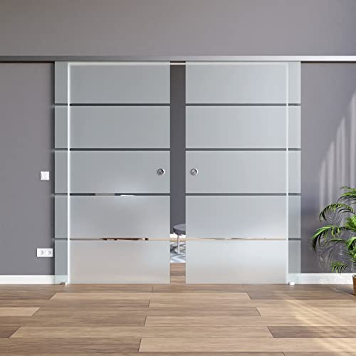BP1-900-AS-DPL: Schiebetürsystem doppelflügelig ESG 2x900x2050x8mm Dekor P1, Siebdruck; Schienensystem ALU SlimLine SoftStop; Griffmuschel