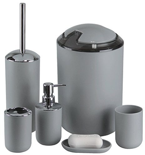 IMAVO Lot de 6 Accessoires de Salle de Bain en Plastique avec Porte-Brosse à Dents, Distributeur de Savon, Vaisselle, Brosse WC et Support, Poubelle avec Paille pour Salle de Bain, Gris