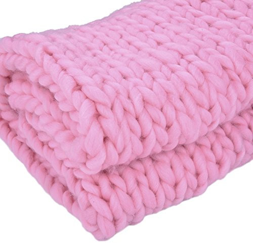 Bulgary Strickdecke, grob gestrickte Wolldecke als Überwurf fürs Sofa- oder Tagesdecke, Wolle, rose, D:50*50cm/19.68*19.68in