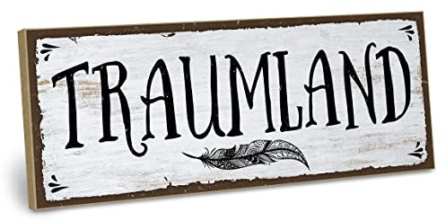 ARTFAVES® Wandbild Holzschild mit Spruch - TRAUMLAND - Türschild Retro Vintage Deko Bild Geschenk - Schlafen