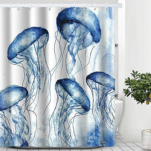 Ocean Duschvorhang, Strand-Thema, Stoff, Qualle, Duschvorhang, wasserdichter Polyester-Stoff, violettes Ozean-Tier-Duschvorhang-Set mit Haken, Badezimmer-Dekoration, 180x 180 cm