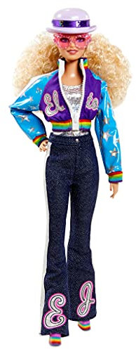Barbie GHT52 - Signature Elton John Puppe (ca. 30 cm, lockige Blonde Haare) in Bomberjacke und Schlagjeans, mit Puppenständer und Echtheitszertifikat, für Fans und Sammler