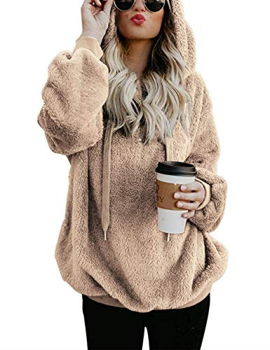 iWoo Fluffy Hoodie Women Pullover Autumn Winter Warm Hooded Sweatshirt Solid Color Cozy Teddy Fleece Jackets for Women(Khaki,XXL)