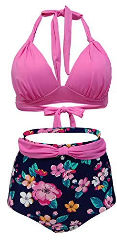 Bslingerie® Women Halter Retro High Waisted Bikini Swimsuit 2 Pcs Set (Pink Floral, XL)