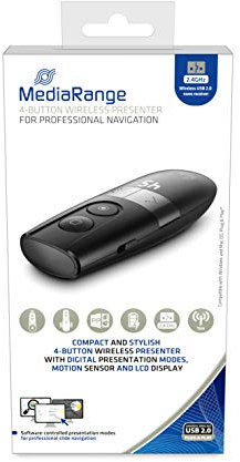 MediaRange Funk-Präsentationsfernbedienung mit 4 Tasten und digitalem Zeiger, kabelloser Presenter mit USB Empfänger, Sendereichweite bis 15m, für professionelle Vorträge & Präsentationen