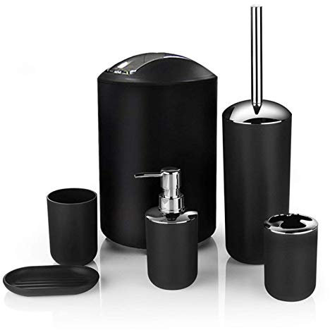 Icegrey Modern Design 6-teiliges Luxus-Badezimmerzubehör-Set Lotionflaschen, Zahnbürstenhalter, Zahnbecher, Seifenschale, Toilettenbürste, Mülleimer, Schwarz