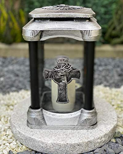 Grablampe NEU mit Kreuz-Jesus-Motiv Grablicht Grabkerze Grabdekoration Grabschmuck Gartenlampe incl.Grabkerze