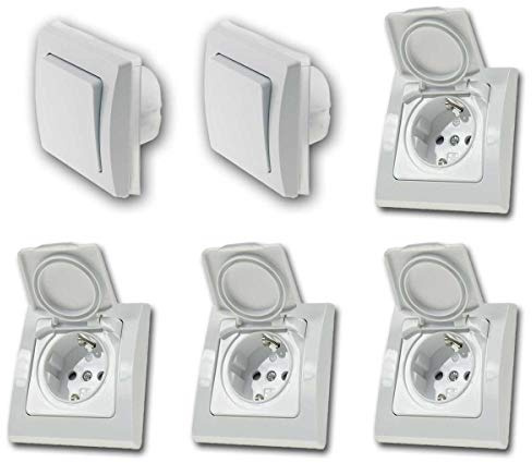 Schalter + Steckdosen Set Feuchtraum L, weiß, 6-teilig, IP44, Schalterserie DELPHI, Unterputz