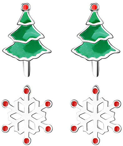 MYA art Damen Ohrstecker mit Weihnachtsbaum Christbaumkugel Schneeflocke Snowflake Ohrringe Klein Weihnachts Silber Weiß Grün Rot 2er Set