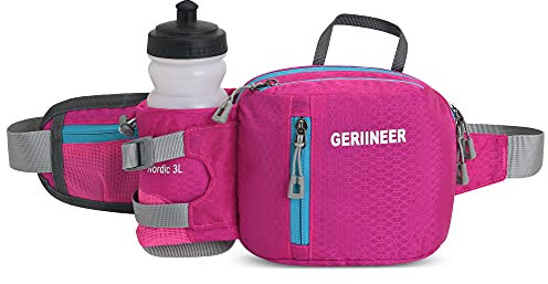 GERIINEER Wasserdichte Bauchtasche Gürteltasche mit Flaschenhalter Damen und Herren, Bauchtasche Geeignet für Reise Sport Running und Alle Outdoor Aktivitäten, Hüfttasche Damen Herren Sport (Rosa rot)