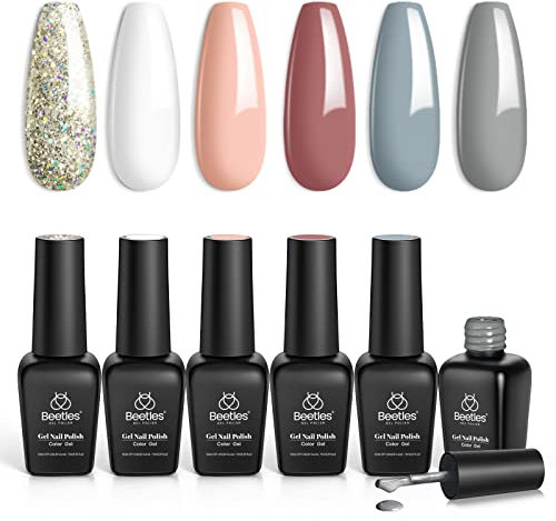 Beetles Gel Nail Polish Set - 6 Colors: White, Nude, Grey. Kit Includes LED Nail Lamp. Soak Off. for Women