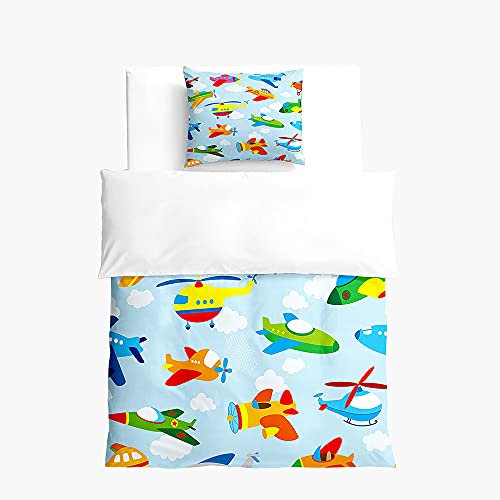 FANSU Kinder Bettwäsche Set, Junge Mädchen Bettwäsche 2 Teilig mit Bettbezug und Kissenbezug, Sanft 100% Microfaser Bettwäsche Set - Cartoon Autodruck (Gelber Hubschrauber,135x200cm + 50x75cm)