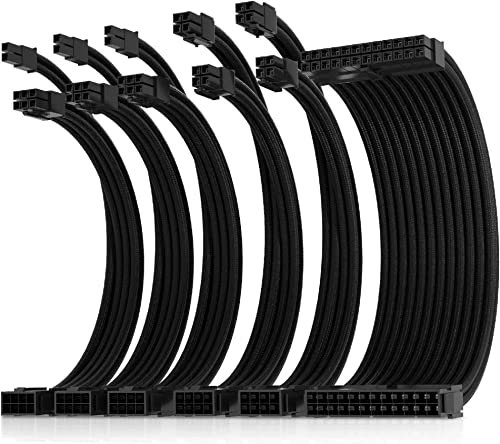 AsiaHorse Actualización 16AWG PSU Cable Extension, PC Kit de Cables para GPU/CPU, Extensiones de Cable de alimentación con peines de Cable, 24PIN/(6+2) Pin/(4+4) Pin, 30CM,Negro Puro
