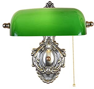 HMAKGG Green Glass Bankers Wall Lamp with Pull Cord,Green Bronze Finish Wall Lights Indoor Vintage for Living Room,Bedroom and Hallway