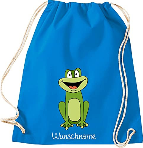 Shirtinstyle Kinder Turnbeutel, lustige Tiere Frosch mit Wunschnamen, Kinder, Tiere Zoo Kindertag Beutel, Farbe Sapphire