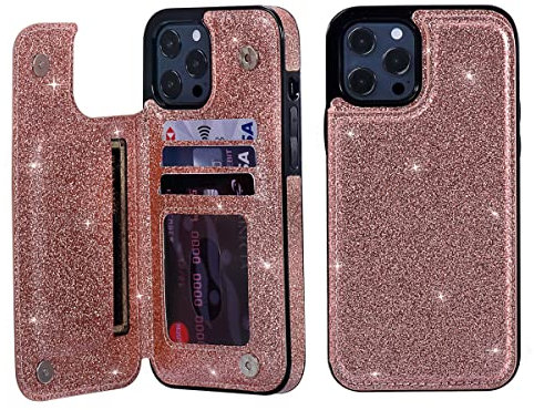 UEEBAI Case for iPhone 13 Pro Max 6.7 inch, Premium Glitter PU Leather Case Back Wallet Cover [Two Magnetic Clasp] [Card Slots] Stand Function Durable Shockproof Soft TPU Case - Rose Gold#2