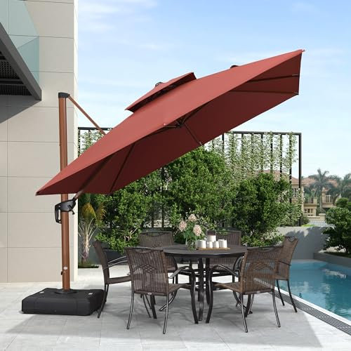 PURPLE LEAF Alu Sonnenschirm Groß Ampelschirm 300 x 300 cm Holzoptik Doppeldach Gartenschirm mit Kurbel 360°Drehbar XXL, Sonnenschutz UV50+, Bordeaux