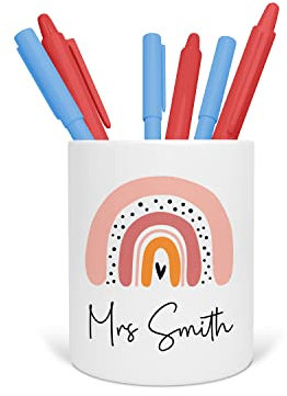 Personalised Teacher Pen Pot - Custom Rainbow Desk Organiser for School, Nursery or Office - End of Term Gift for Teaching Assistant, TA - Ceramic Pencil Holder (Boho Rainbow)