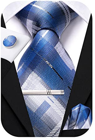 Hi-Tie Klassisches Herren-Krawatten-Set aus Seide, Einstecktuch, Manschettenknöpfe, Clipnadel, solide Streifen, Paisley-Krawatte, 4-teilig, blau, M