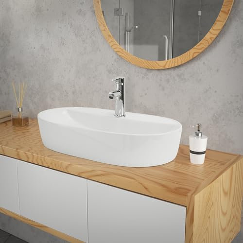 ML-Design Lavabo de Cerámica Blanco Brillante 60x40x12 cm Fregadero Ovalado de Pared o Sobre Encimera Pila de Diseño Moderno Lavamanos para Mueble de Baño Aseo con Agujero para Grifo y Desagüe