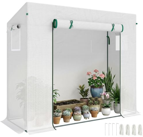 Outsunny Gewächshaus 200 x 76 x 168 cm Foliengewächshaus mit Rolltür Weiß | Treibhaus, Tomatenhaus mit Seitenfenster, PE-Gitterfolie, Winterfest Pflanzenhaus, für Garten, Balkon
