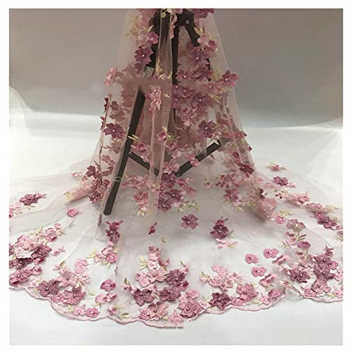 SHTGOI 1 Yard 3D Blumen Bestickte Tüll Spitze Stoff Stickereistoff mit Vier Kleeblättern Netzstoff für DIY Nähen Handgefertigte Kleidung Hochzeitskleid Heimdekoration 129,5 cm Breit Rosa