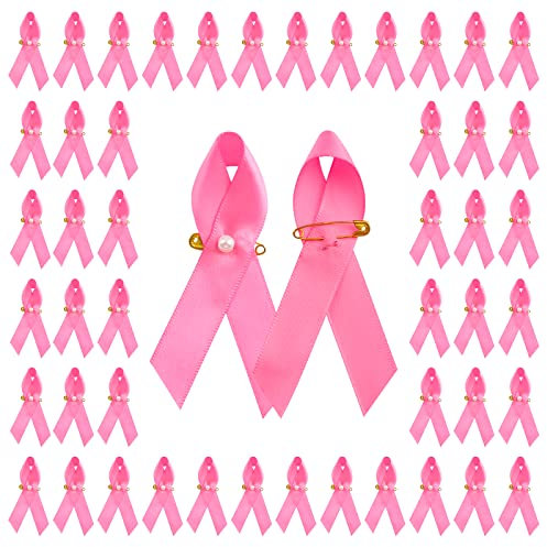 CRAFFANCY 100 PCS Octobre Rose Pins, Pin Broches Cancer du Sein en Satin Ruban Rose Épingles avec Perles Accessoires Décoratifs en Polyester, pour Activités