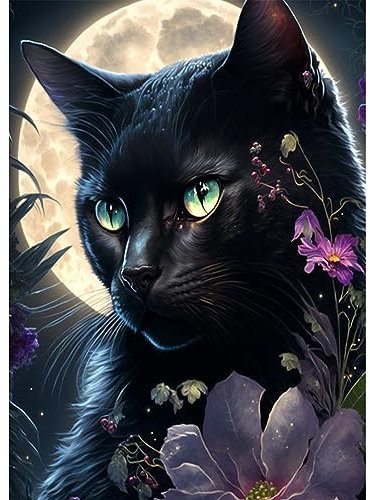 AIRDEA DIY Katze Diamond Painting Set Erwachsene Kinder, Blumen Diamant Painting Bilder 5D Tier Schwarze Katze Diamant Kunst Mondnacht Diamant Malerei Set Cross Stickerei Malerei Kits 30x40 cm