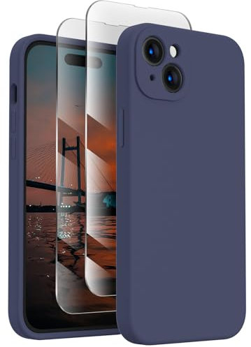 FireNova Designed for iPhone 15 Case, Silicone Upgraded [Camera Protection] Phone Case with [2 Screen Protectors], Soft Anti-Scratch Microfiber Lining Inside, 6.1 inch, Navy Blue