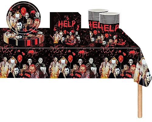 Halloween Party Tableware Set,53pcs Horror Movie Character Dinnerware Set Halloween Tableware Decor Plastic Tablecloth,Paper Plates Napkins and Cups for Halloween Scream Party Decorations