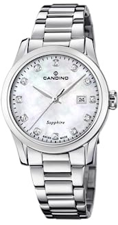 Candino Swiss Damenuhr Analog aus Edelstahl 316l Silberfarben | Quarzwerk, Widerstandsfähiges Saphirglas, Wasserdicht 5 ATM, Kalender C4738/1, Lady Elegance